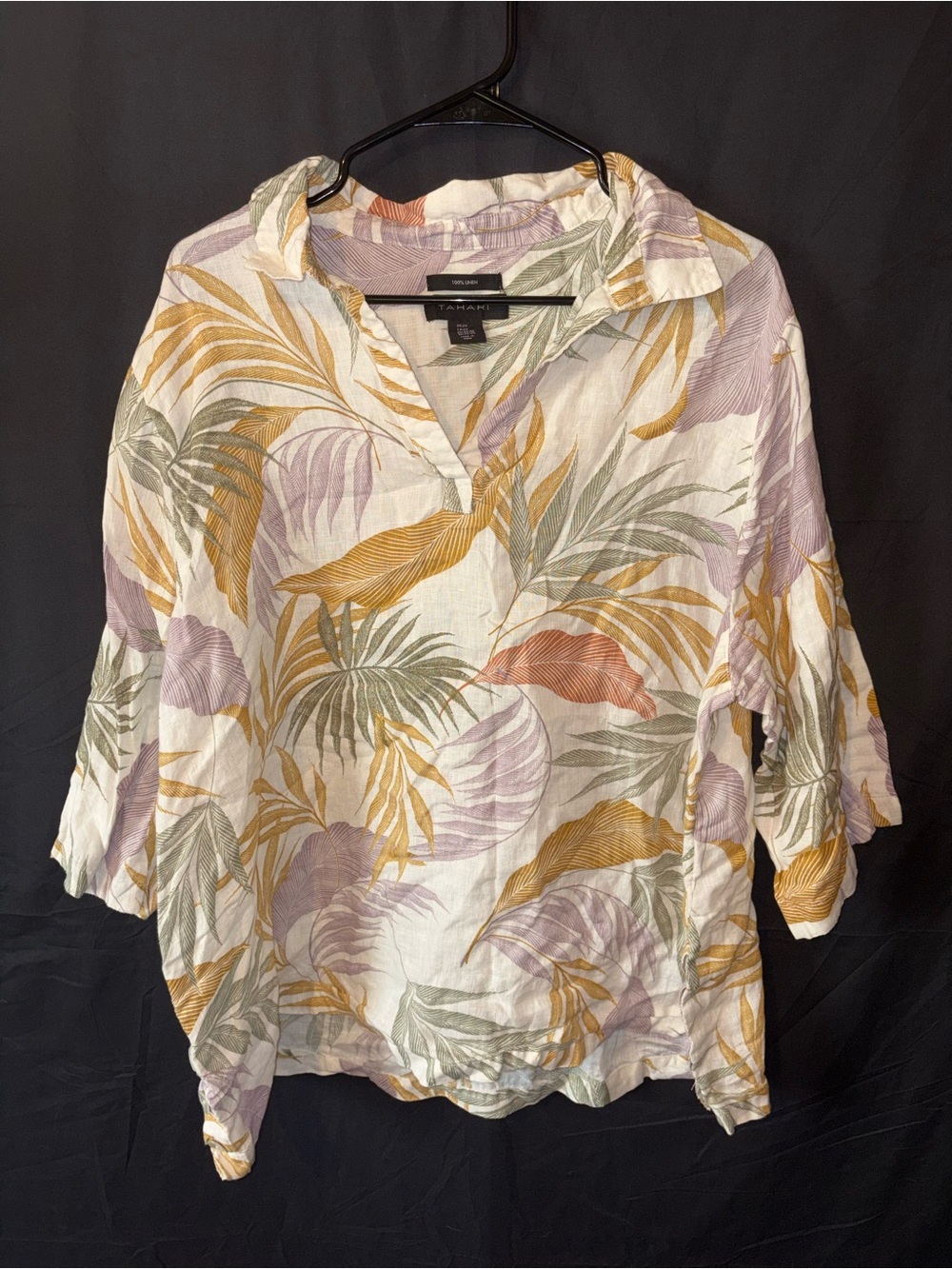 Tahari Linen Topical Palm Leaf Blouse